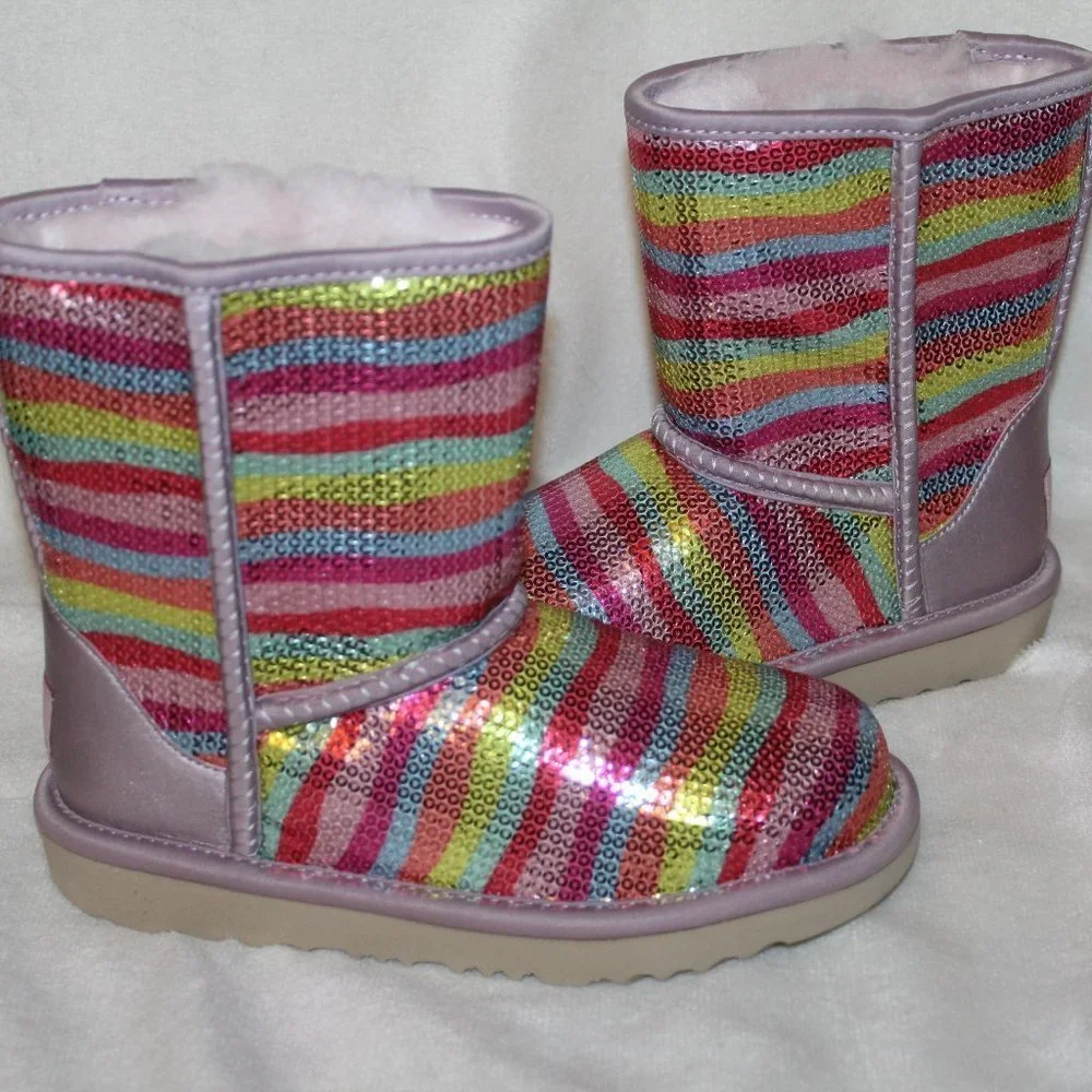 NIB UGG‎ GIRL'S YOUTH SEQUIN RAINBOW CLASSIC SHORT SHEARLING LINED BOOTS